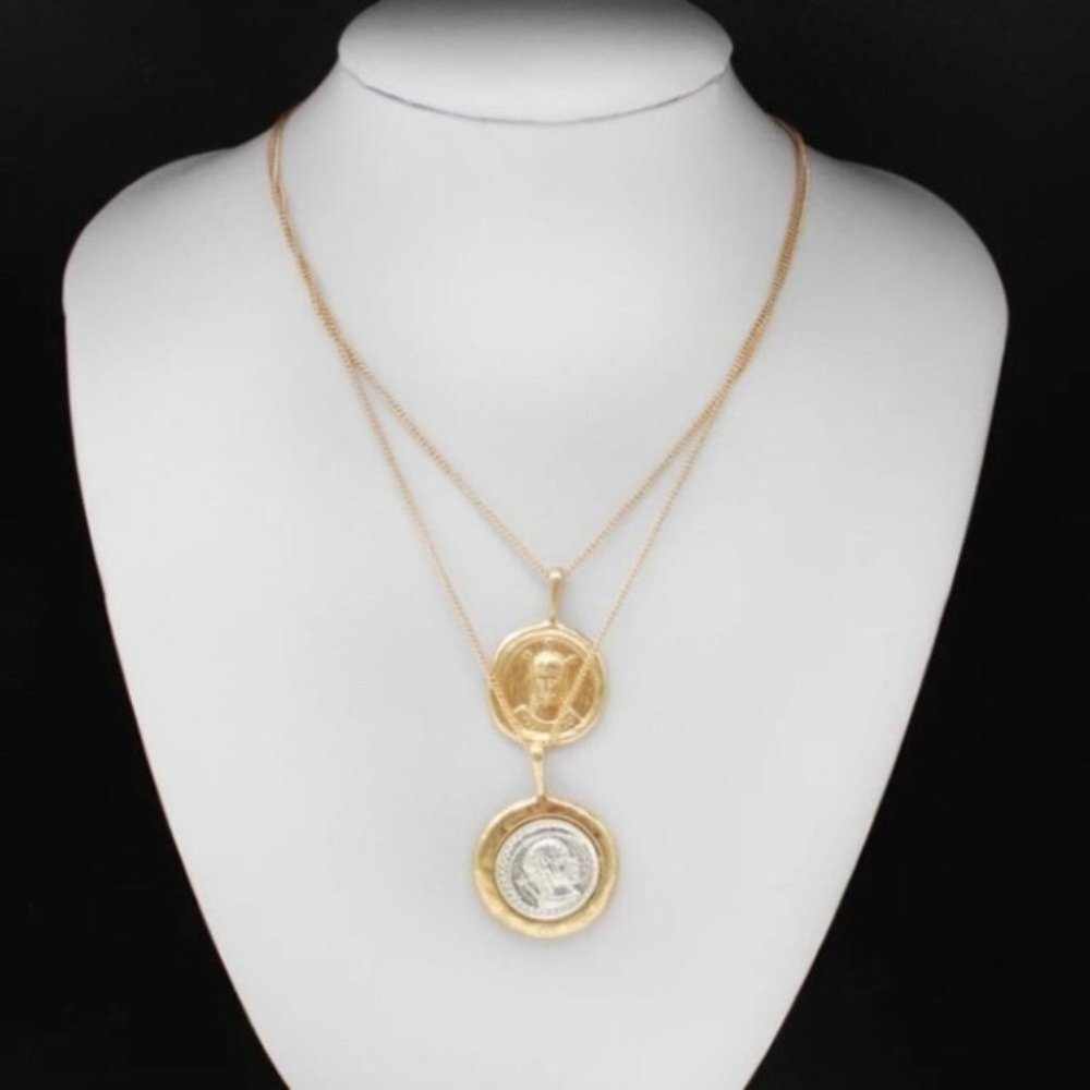 Coin Pendant Vintage Double Chain Layered Necklace - Picture 7 of 11